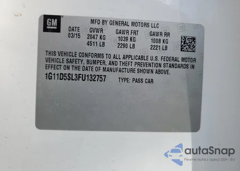 2015 Chevrolet Malibu 2Lt из США, поврежденный, VIN 1G11D5SL3FU132757